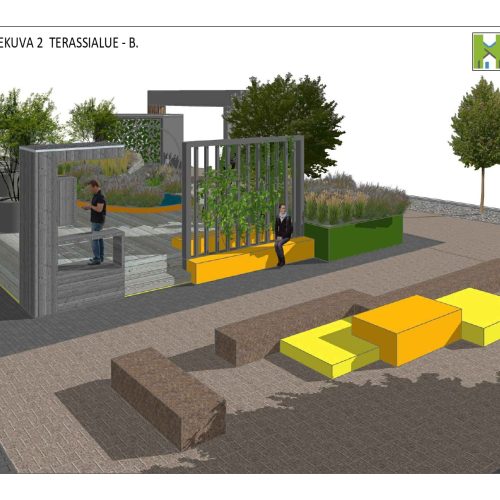 Kaavio, tekninen piirustus. Kuvassa on valkoinen ja harmaa väri. Sisältää penkin ja sateenvarjon. Sisältää myös puun, kuvakaappauksen, kasvin.