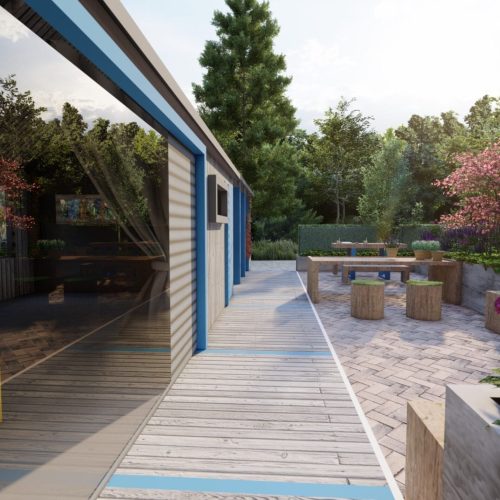 Kävelytie, jossa on puita ja kukkia. Kuvassa on valkoinen ja harmaa sekä musta värit. Sisältää puun ja vaahteran. Mukana myös taivas, kasvi, ulkona.