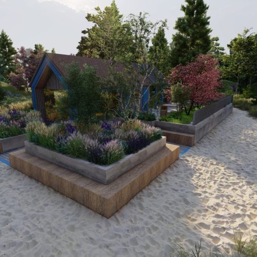 Talo, jossa on suuri puutarha. Kuvassa on harmaa ja valkoinen väri. Sisältää puuta ja kasvia. Huoneessa on myös ulkona, taivas, maisemointi.