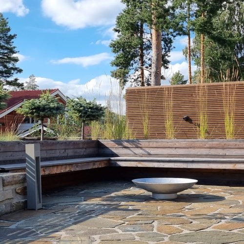 Takapiha, jossa on aita ja suihkulähde. Kuvassa on harmaa ja ruskea väri. Sisältää kulhon ja puun. Mukana myös ulkona, pilvi, taivas.