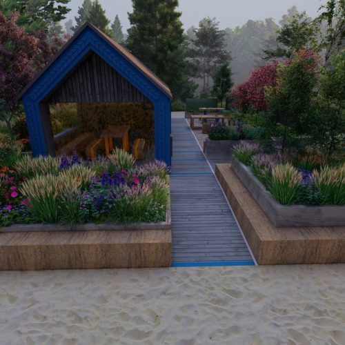 Kävelytie, jonka sivulla on pieni rakennus. Kuvassa on harmaa ja musta väri. Sisältää myös ulkona, puu, maa.