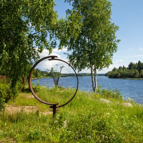 Metalliveistos järven äärellä. Huoneessa on myös ulkona, taivas, ruoho.