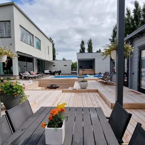 Kansi, jossa on ruukkukasveja. Kuvassa on harmaa ja valkoinen sekä musta väri. Mukana myös taivas, ulkona, kukkaruukku.