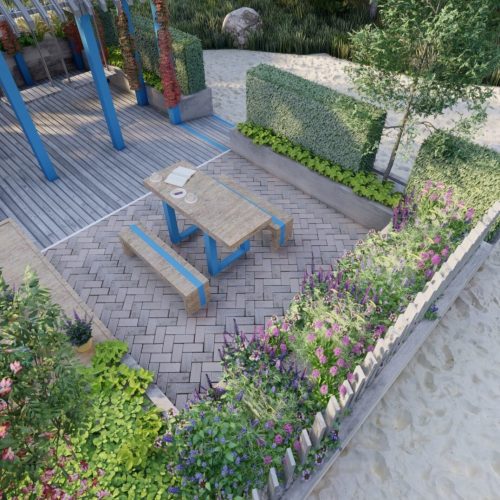 Pieni patio, jossa on penkki ja uima-allas. Kuvassa on harmaat värit. Huoneessa on myös ulkoilu, puu, maisemointi.