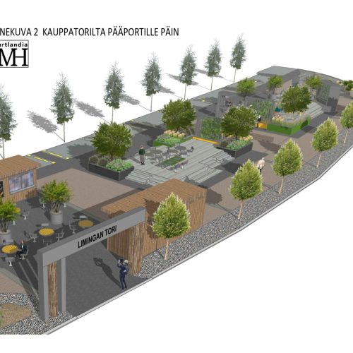 Kaavio, tekninen piirustus. Kuvassa on valkoinen ja harmaa väri. Sisältää kasvin ja henkilön. Mukana myös puu, pienoismalli, talo.