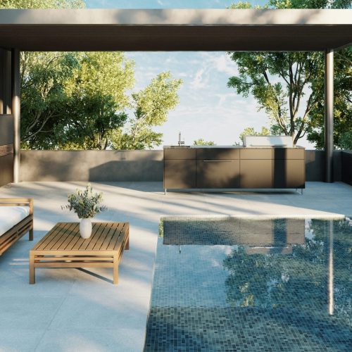 Uima-allas, jossa on penkki ja pöytä. Kuvassa on valkoinen ja harmaa väri. Sisältää kasveja ja istuimia. Huoneessa on myös puu, varjo, ulkona.