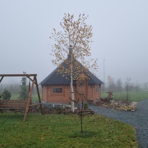 Puutalo, jonka edessä on puu. Kuvassa on valkoinen ja harmaa väri. Sisältää puun, palmun ja talon. Mukana myös ulkona, ruoho, taivas.