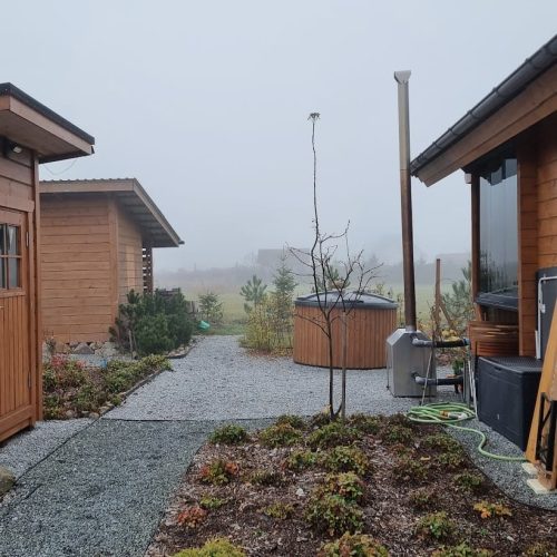 Pieni puutarha takapihalla. Kuvassa on valkoinen ja harmaa väri. Mukana myös ulkona, taivas, kasvi.