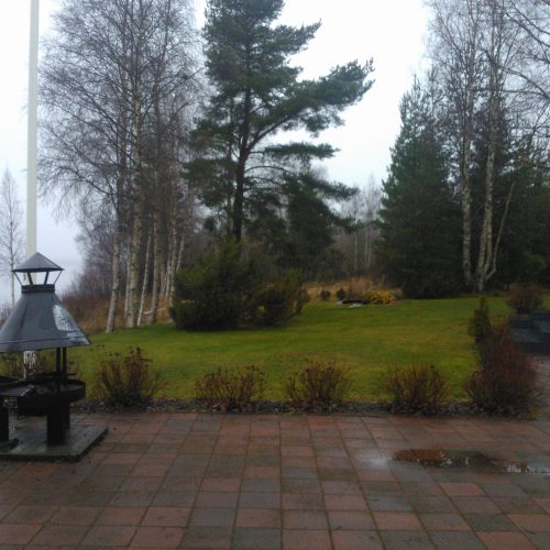 Tiilinen kävelytie, jossa on tiilipolku ja ruohoa ja puita. Kuvassa on harmaa ja valkoinen sekä musta väri. Mukana myös ulkona, taivas, kasvi.