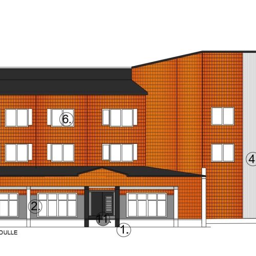 Rakennus, jossa on paljon ikkunoita. Kuvassa on valkoinen ja oranssi väri. Sisältää myös piirustuksen, luonnoksen, talon.